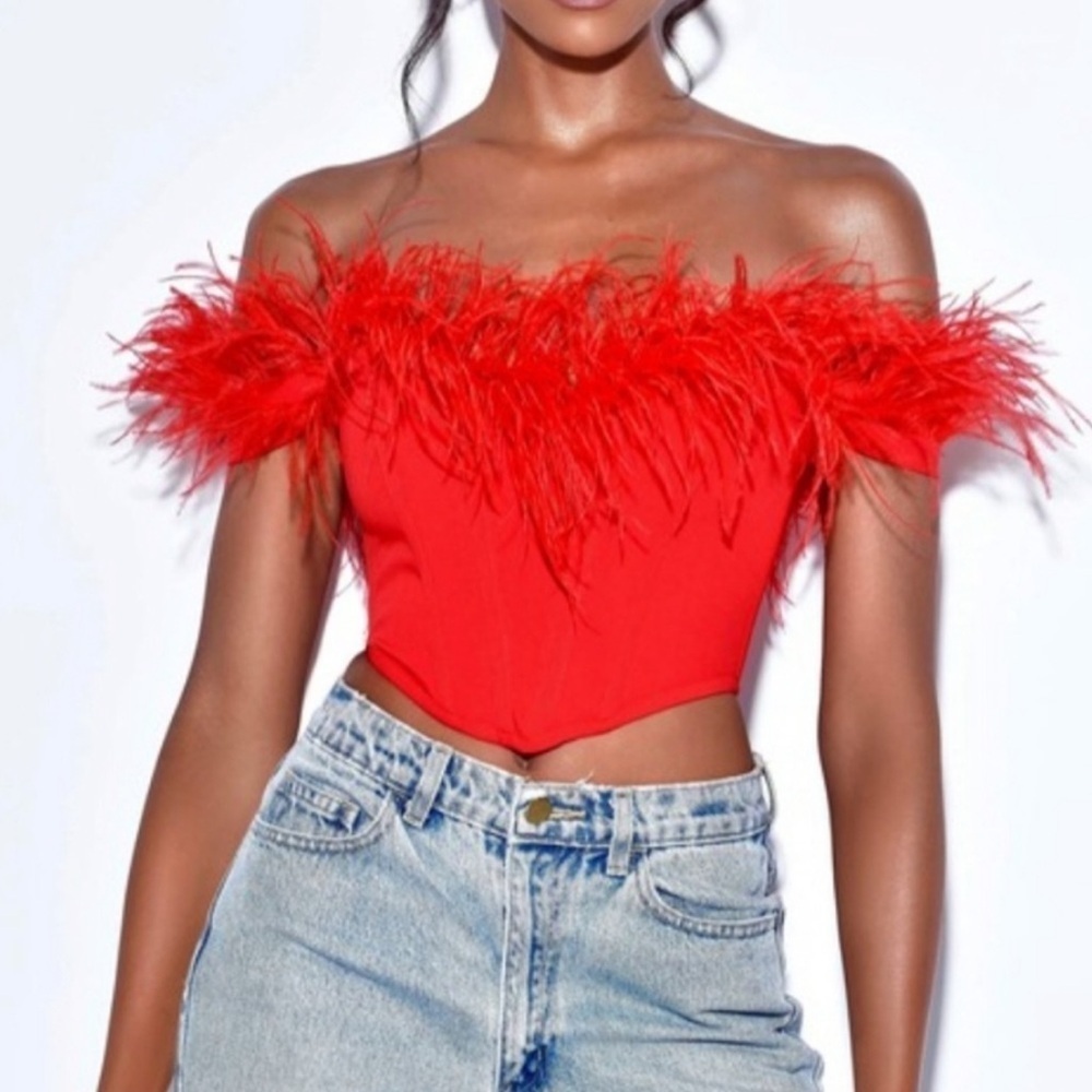 New Ostrich Feather Top Red XS NWT Corset Miss Circle sexy night out real